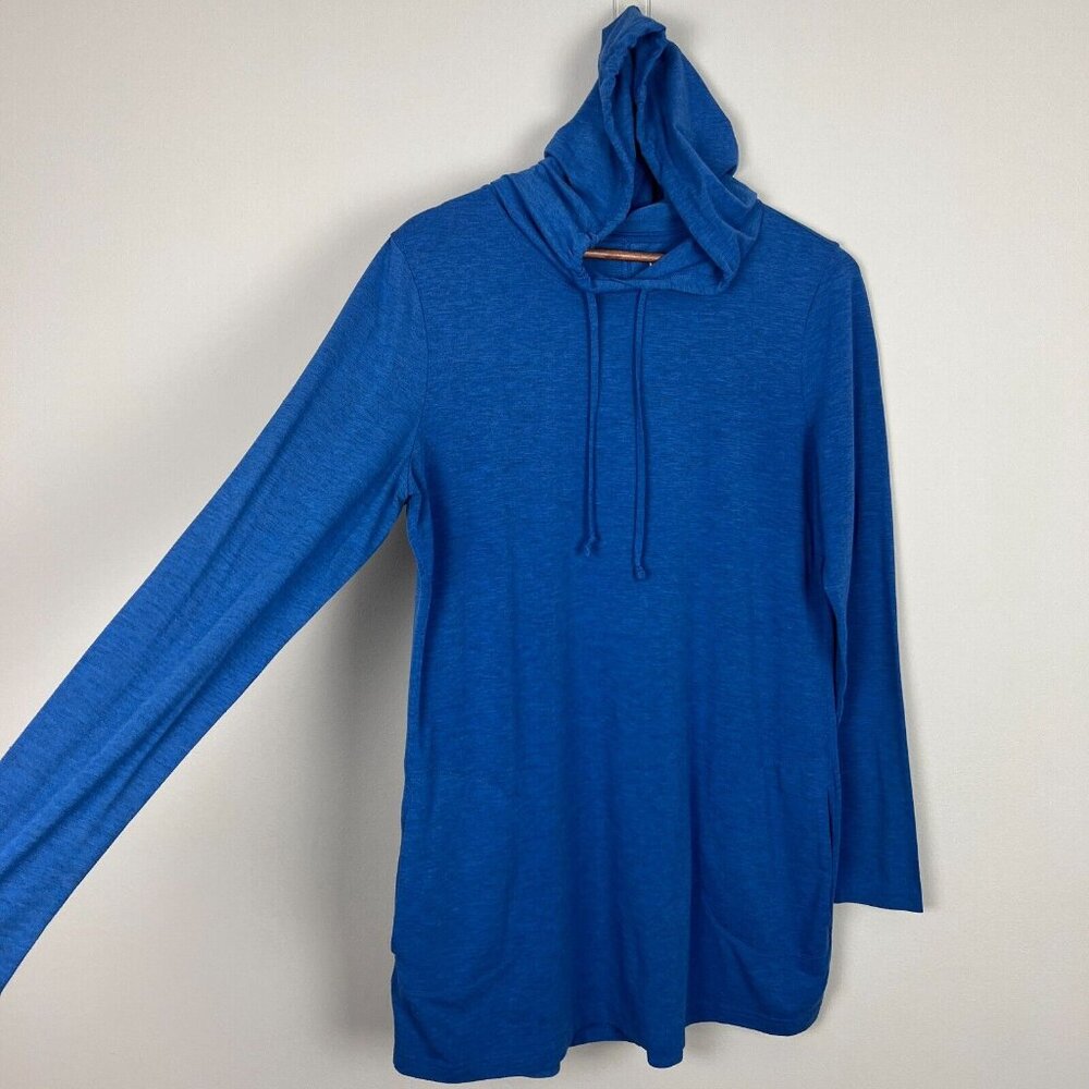 Duluth Trading Co Dry & Mighty Long Sleeve Hoodie Tunic Womens M Blue Wool Blend - Picture 4 of 11